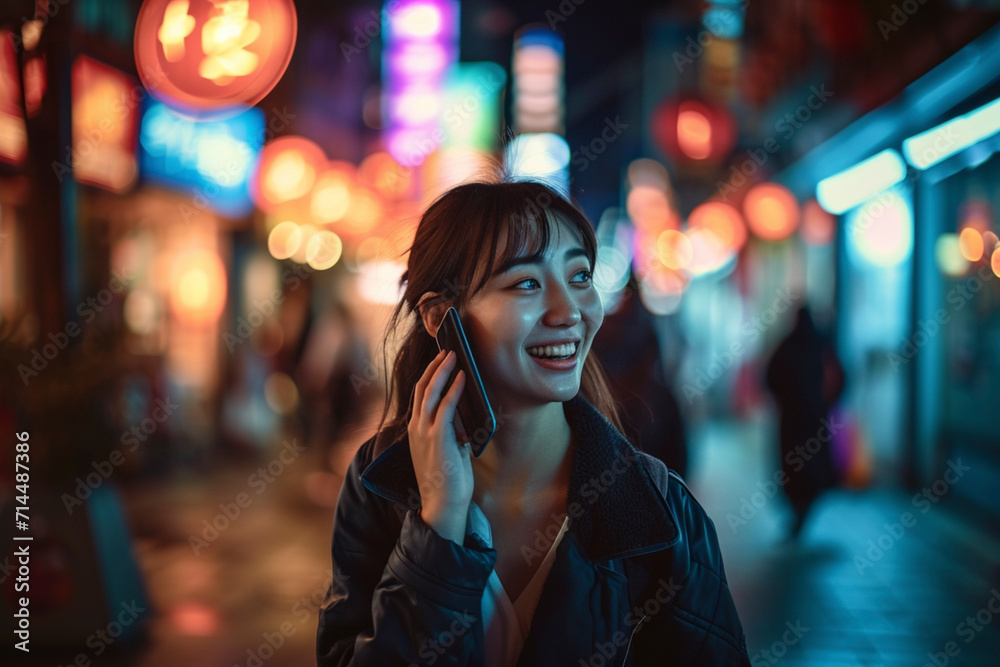 a beautiful young woman talking on the phone, smiling, and confidently walking down a vibrant street. - obrazy, fototapety, plakaty 