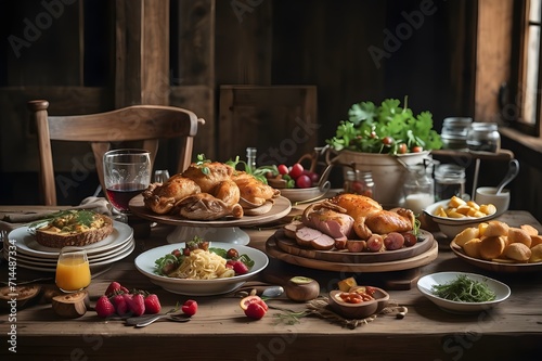 A_mouthwatering_feast_awaits_on_a_rustic_table_full_of_food,still_life_with_meat_and_vegetables,appetizers