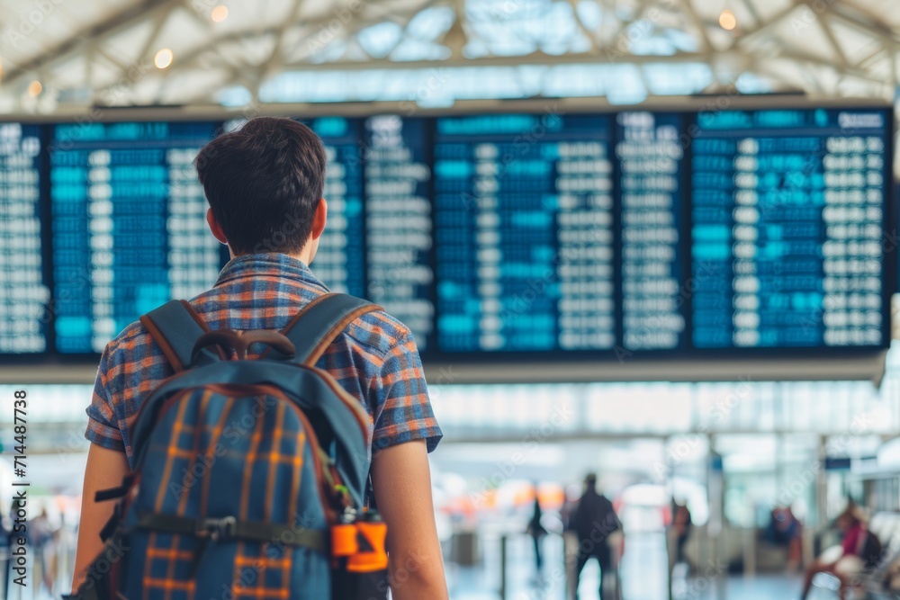 Young man with backpack looking at airport departure board Young man with backpack looking at airport departure board