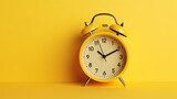 big beautiful stylish clock on yellow background space for text. Image of closeup