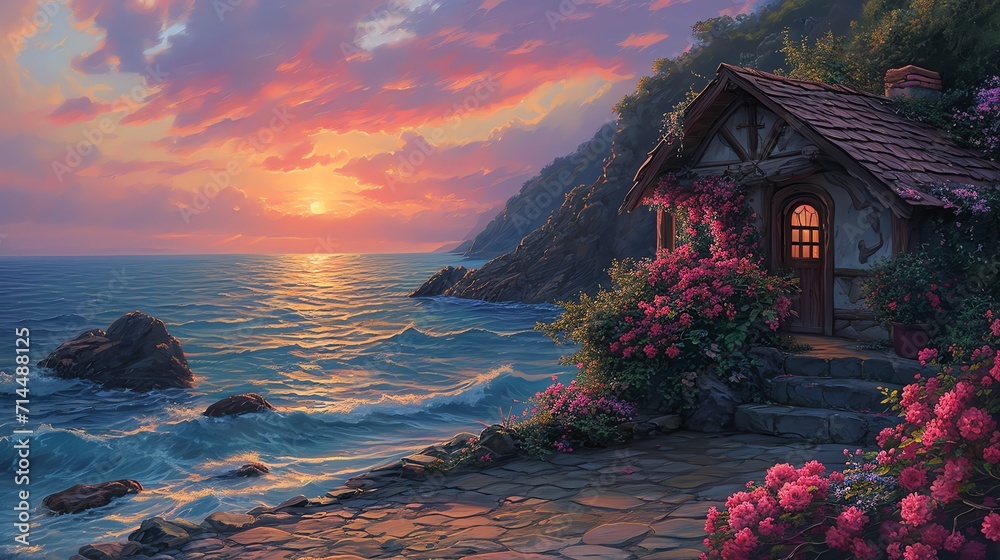 Seaside Sanctuary: Charming Cottage by the Sunset Coast - obrazy, fototapety, plakaty 