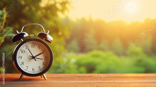 black alarm clock on nature background with copy space