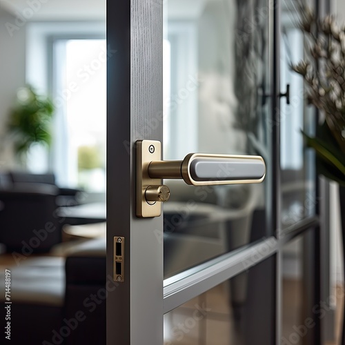 Bedroom door in main focus front view with luxury lever handle, 