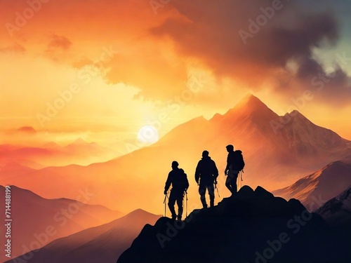 silhouette of a mountain climber, with a background of sunrise light. design for poster, web, flyer, social media. ai generative design © Firly