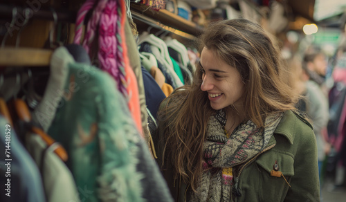 Woman happily shopping at fashion store