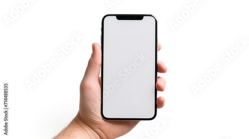 man hand holding smartphone with blank screen on white background  smart phone mockup