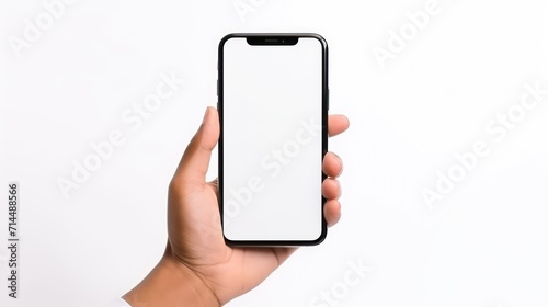 man hand holding smartphone with blank screen on white background, smart phone mockup