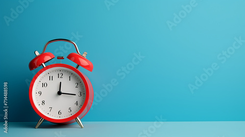 half part of red alarm clock on blue background photo
