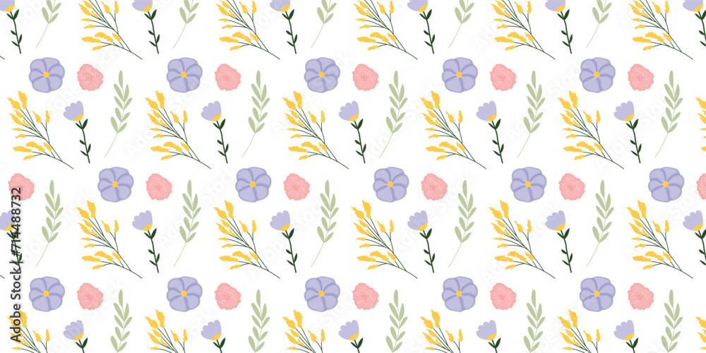 Seamless pattern with beautiful hand drawn wildflowers. Floral elements. Vector illustration in flat style.