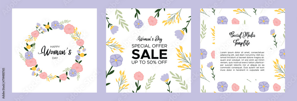 Social Media Template Set. Happy women's day discount. Bouquet of flowers, wreath of flowers, beautiful wildflowers in flat style. Vector illustration.