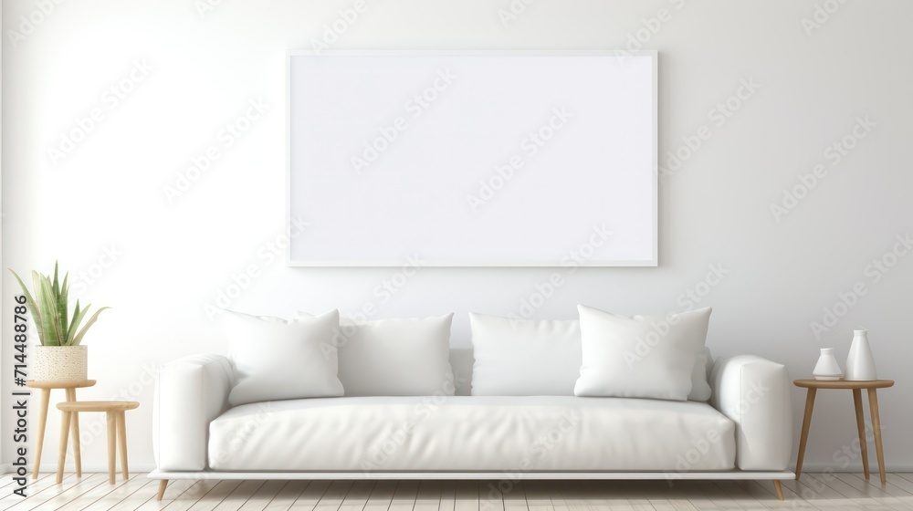 Naklejka premium White sofa in modern living room with blank poster on wall, poster mockup