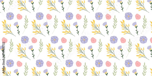 Seamless pattern with beautiful hand drawn wildflowers. Floral elements. Vector illustration in flat style.