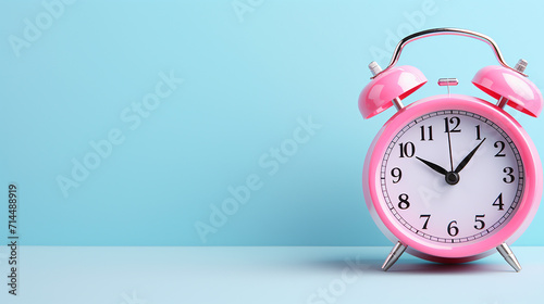 pink alarm clock on blue background