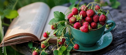 Wild strawberries, picked and arranged in a teacup with an open book nearby.
