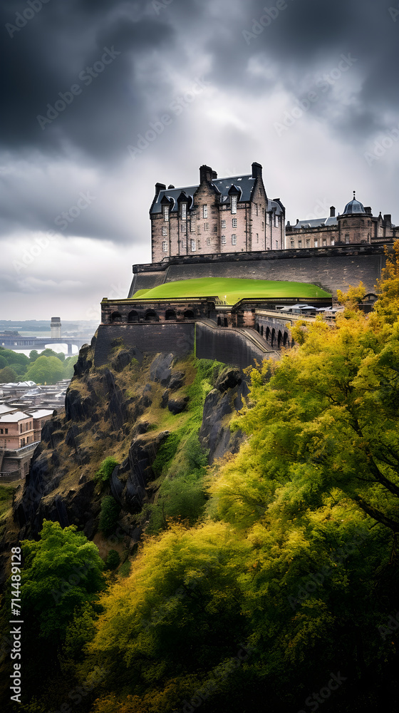 Majestic Panorama of Edinburgh Castle on Cloudy Sky Peak