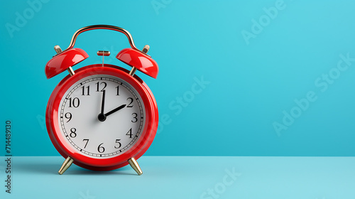 red alarm clock on blue background photo