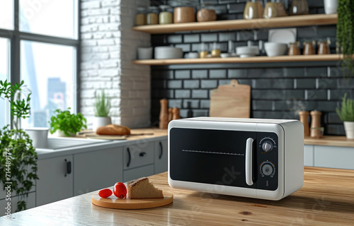 a modern white and black microwave in a house kitchen on the kitchen table. image used for an ad photo