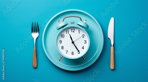 time to eat. plate with cutlery as clock on blue background photo