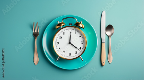 time to eat. plate with cutlery as clock on turquoise background photo