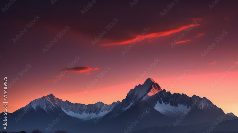 Breathtaking Sunset Over Snow-Capped Mountain Peaks with Vivid Red and Orange Sky