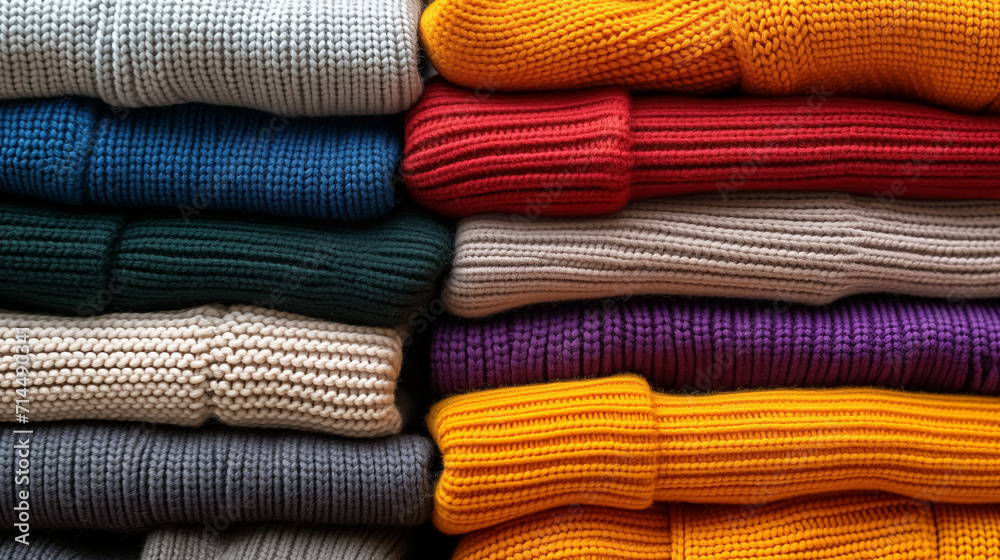 Neatly stacked colorful knit sweaters.