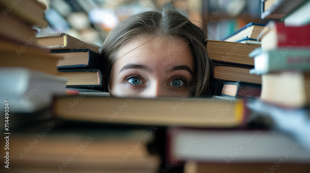 Curious eyes peeking over a mountain of books. Curious eyes peeking over a mountain of books.