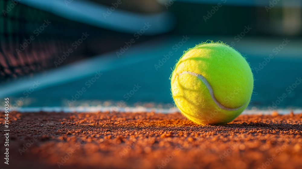 Tennis ball on a clay court with sunlight.