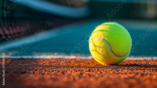 Tennis ball on a clay court with sunlight. © RISHAD