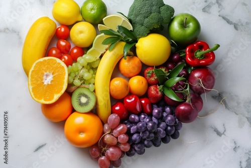 A heart shape made from various fruits and vegetables  symbolizing the concept of healthy eating