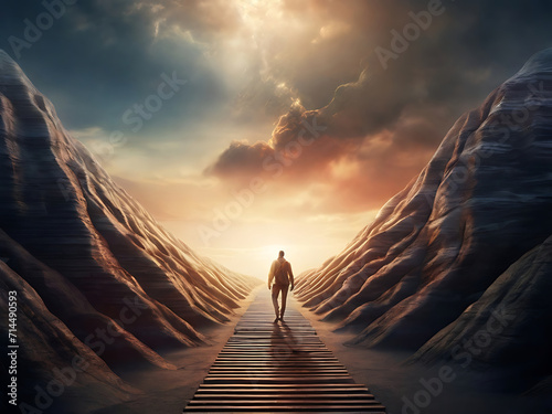 A man standing on a cliff looking at the moon ,man walking up a set of stairs towards a galaxy ,Steps into beyond