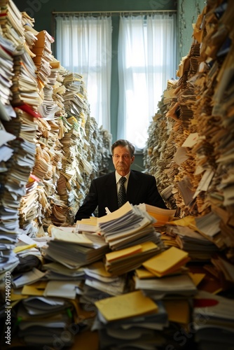 A man in an office, overwhelmed by a mountain of folders and work