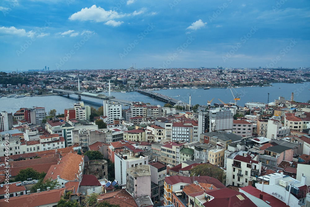 Ataturk bridge and metro bridge over the golden horn waterway between Eminonu and Galata districts as seen from the top of Galata Tower in Istanbul, Turkey