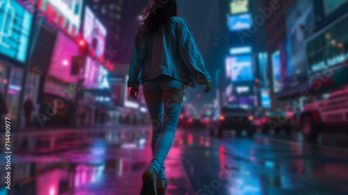 A model in a faded denim jacket and ripped jeans, walking down a neon-lit city street.  photo