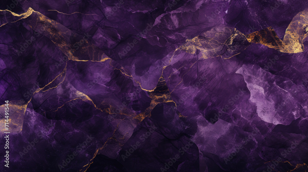 Deep purple marble texture with glittering gold veins for a rich, opulent background.