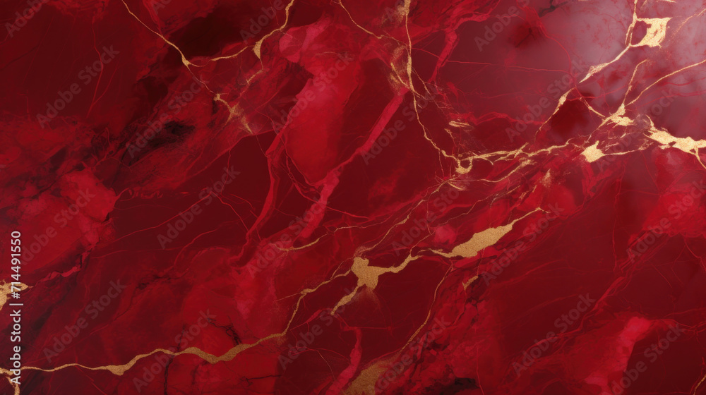 Vibrant red marble with striking gold fissures, ideal for bold and luxurious design elements. - obrazy, fototapety, plakaty 