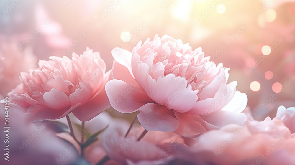 Lush pink peonies basking in a warm, glowing light, creating a soft and romantic floral background.