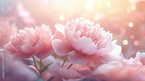Fototapeta Naklejka Na Ścianę i Meble -  Lush pink peonies basking in a warm, glowing light, creating a soft and romantic floral background.