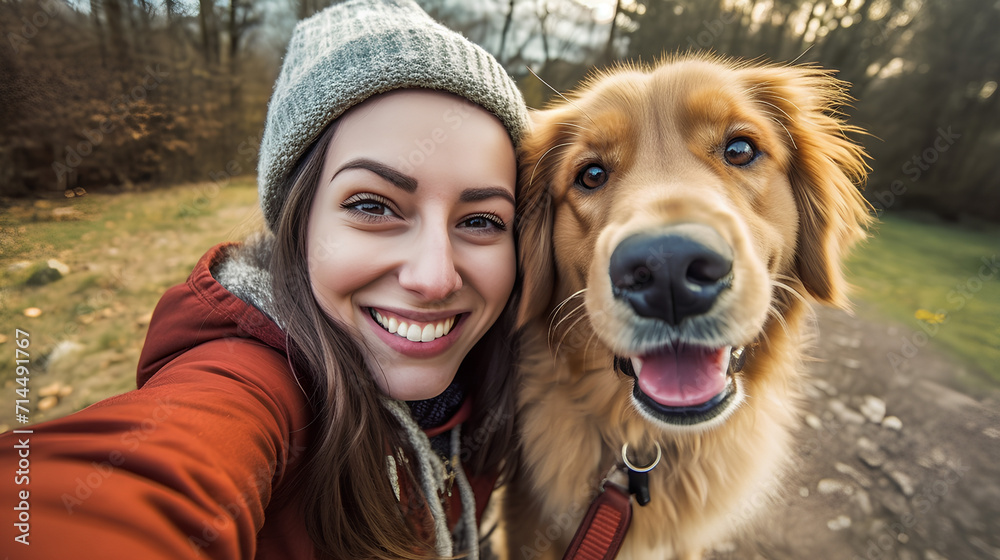 An attractive girl with her dog is taking a selfie photo.