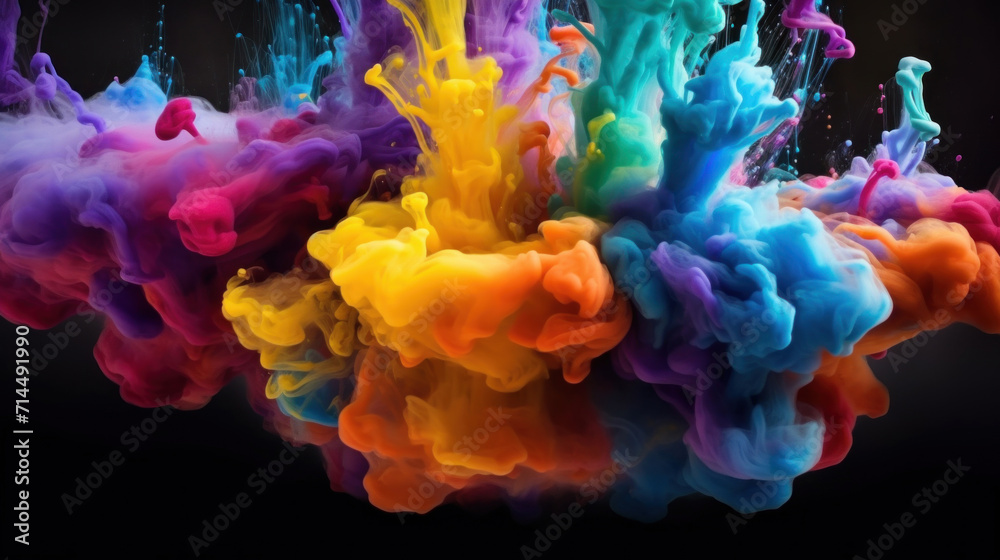 Fototapeta premium A vibrant explosion of multicolored ink diffusing through water, creating an abstract and dynamic visual effect.