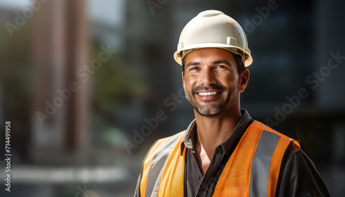 A man with a beard and a helmet on his head in a work uniform works at a construction site