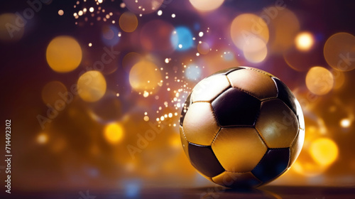 A classic soccer ball with golden panels, under the glow of shimmering lights, ready for an evening match.