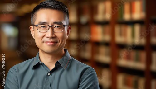Asian librarian on bookshelves background