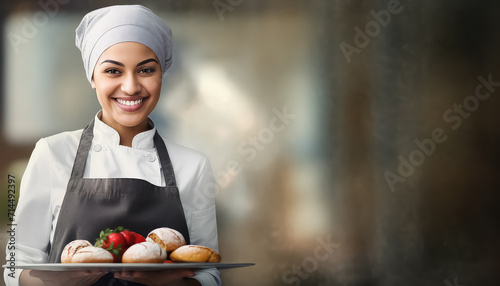 Female muslim baker in bakery with buns