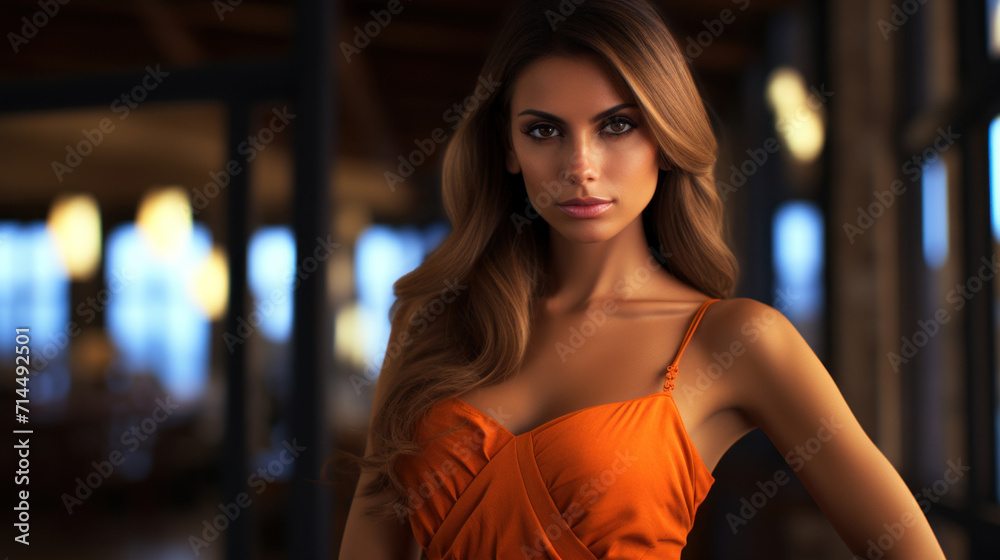 A stunning and elegant woman in a vibrant orange dress posing with confidence in a sophisticated interior setting.