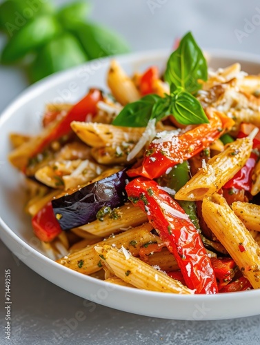 Pasta salad with baked vegetables. Penne pasta with baked peppers, eggplant, pesto and cheese in a white plate