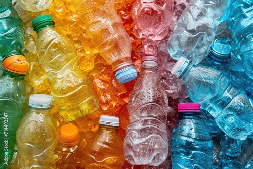 Empty colored carbonated drink bottles. Plastic waste photo