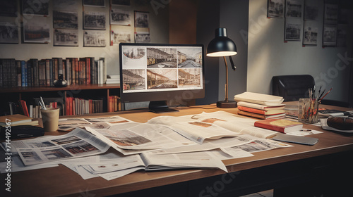 editorial designer desk with publication layout photo