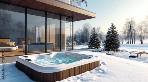 A modern outdoor hot tub embedded into the terrace on a cold winter s day.