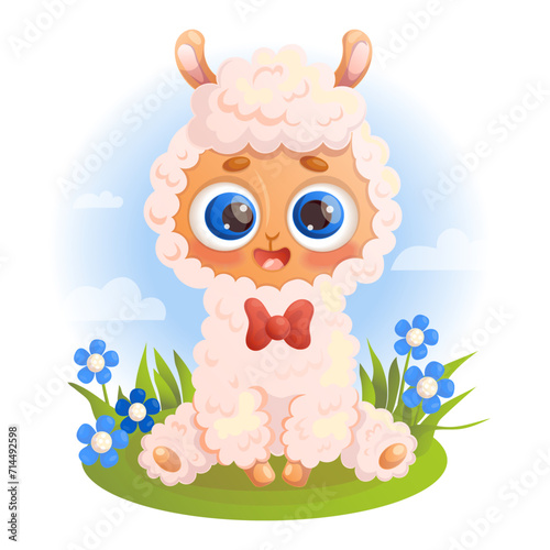 Happy baby Llama. Cute alpaca sitting animal in clearing with flowers. Vector illustration in cartoon style