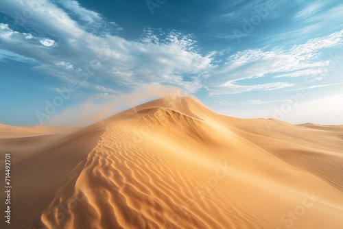 Desert landscape with sand being shaped into sharp dunes by the wind.